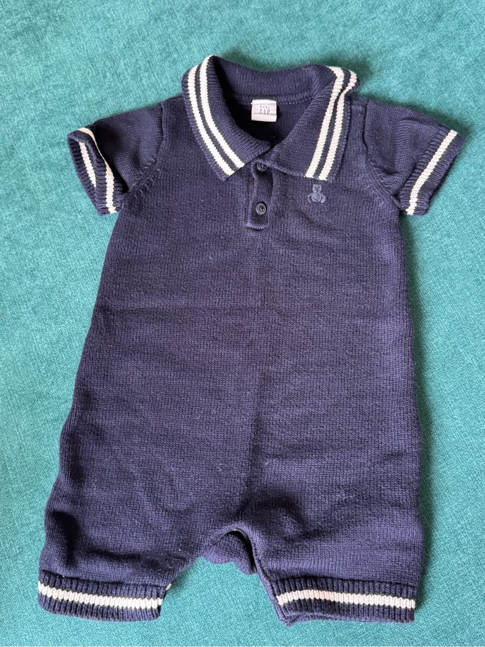 GAP Navy Knit Polo Footie with White Stripe Trim